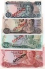 Jersey, 1-5-10-20 Pounds, 1976-88, UNC, p11s, p12s, p13s, p14s, SPECIMEN
Total 4 SPECIMEN banknotes, Serial Number: 000623
Estimate: 125-250 USD