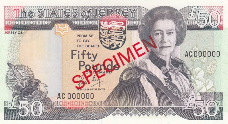 Jersey, 50 Pounds, 1989, UNC, p19s, SPECIMEN
Queen Elizabeth II portrait, Seria...