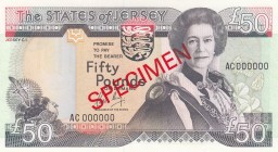 Jersey, 50 Pounds, 1989, UNC, p19s, SPECIMEN
Queen Elizabeth II portrait, Serial Number: AC000000
Estimate: 100-200 USD
