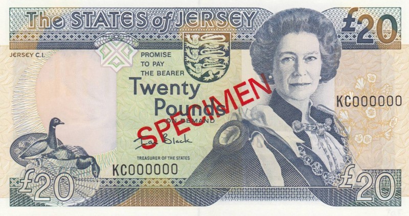 Jersey, 20 Pounds, 2000, UNC, p29s, SPECIMEN
Queen Elizabeth II portrait, Seria...