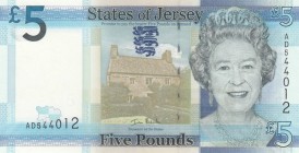 Jersey, 5 Pounds, 2010, UNC, p33a
Queen Elizabeth II. Portrait, Serial Number: AD544012
Estimate: 10-20 USD