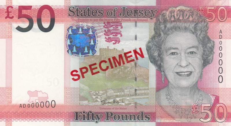 Jersey, 50 Pounds, 2010, UNC, p36s, SPECIMEN
Queen Elizabeth II portrait, Seria...