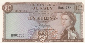 Jersey, 10 Shillings, 1963, UNC, p7a
 Serial Number: B861734
Estimate: 50-100 USD
