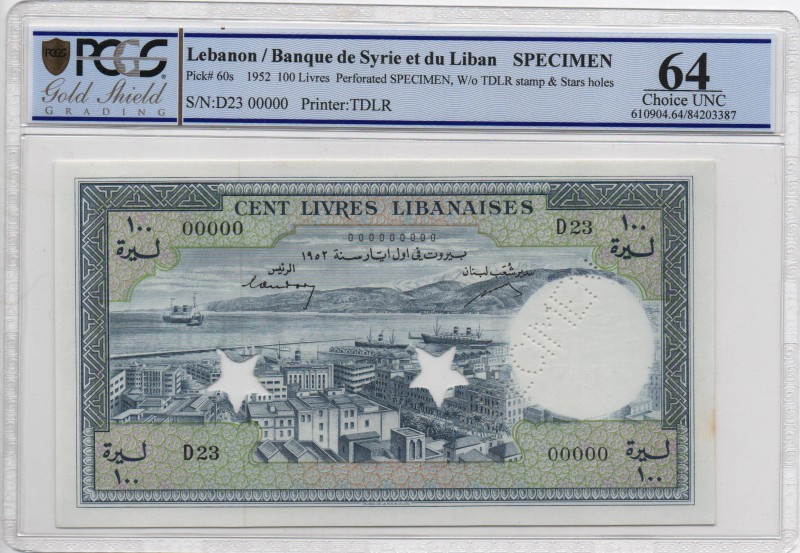 Lebanon, 100 Livres, 1952, UNC, p60s
PCGS 64, Serial Number: D23 000000
Estima...