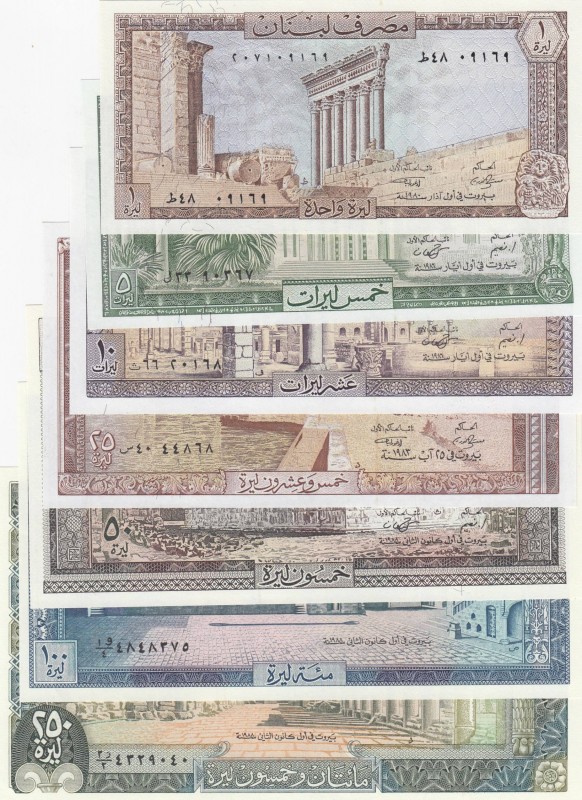 Lebanon, Total 7 banknotes
1 Livre, 1964/80, UNC, p61; 5 Livres, 1964/86, UNC, ...