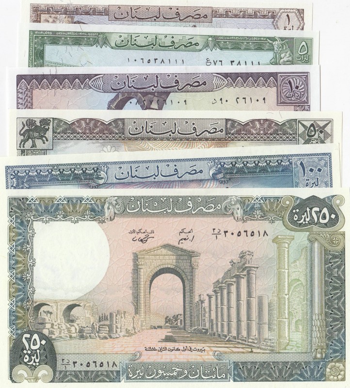 Lebanon, Total 6 banknotes
1 Livre, 1964/1980, UNC; 5 Livres, 1964/1986, UNC; 1...