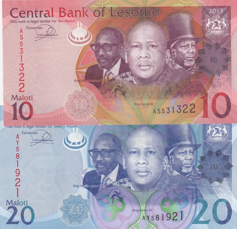 Lesotho, UNC, Total 2 banknotes
10 Maloti, 2013, UNC, p21b; 20 Maloti, 2013, UN...