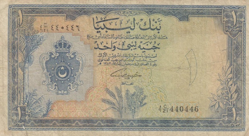 Libya, 1 Libyan Pound, 1963, FINE, p25
 Serial Number: 4C/2I 440446
Estimate: ...