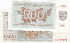 Lithuania, UNC, Total 2 banknotes
500 Talonas, 1992, UNC, p44; 500 Talonas, 1993, UNC, p46
Estimate: 10-20 USD