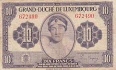 Luxembourg, 10 Francs, 1944, FINE, p44
 Serial Number: 672490
Estimate: 10-20 USD