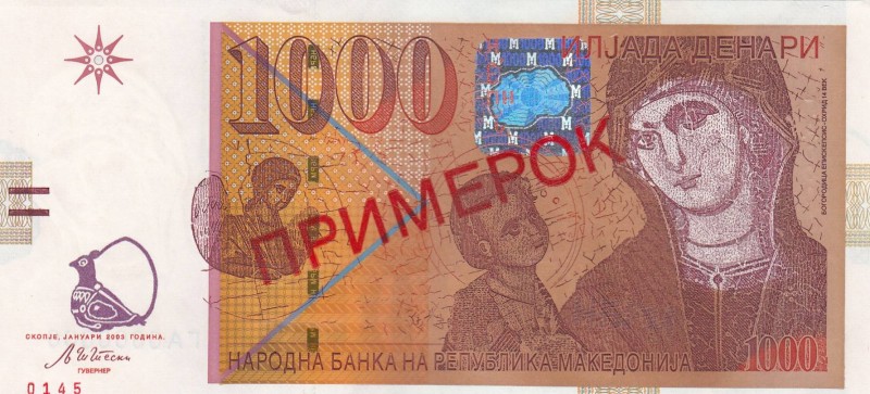 Macedonia, 1.000 Denars, 2003, UNC, p22s, SPECIMEN
 Serial Number: 0000000
Est...