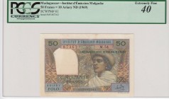 Madagascar, 50 Francs=10 Ariary, 1969, XF, p61 
PCGS 40 (Extremely Fine), Serial Number: M.5487362
Estimate: 100-200 USD