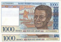 Madagascar, 1.000 Francs, 1994, AUNC, p76
Consecutive serial numbers, total 2 banknotes, Serial Number: A57900081-82
Estimate: 10-20 USD