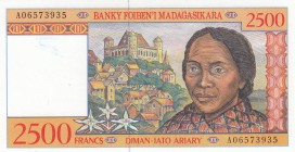 Madagascar, 2500 Francs, 1998, UNC, p81
 Serial Number: A 06573935
Estimate: 15-30 USD