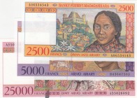 Madagascar , 2.500 Francs, 5.000 Francs and 10.000 Francs, 1995/1998, UNC, p81, p78, p82, (Total 3 banknotes)
Estimate: 50-100 USD
