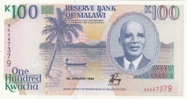 Malawi, 100 Kwacha, 1994, UNC, p29b
 Serial Number: AK447379
Estimate: 50-100 USD