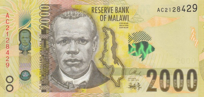 Malawi, 2.000 Kwacha, 2016, UNC, p69
 Serial Number: AC2128429
Estimate: 10-20...