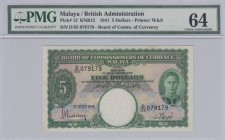 Malaya and British Borneo, 5 Dollars, 1941, UNC, p12
PMG 64, Serial Number: D55/ 079179
Estimate: 750-1500 USD