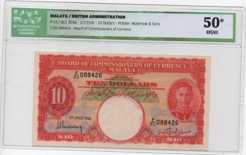 Malaya and British Borneo, 10 Şilin, 1941, AUNC, p13, ICG 50*
 Serial Number: F...