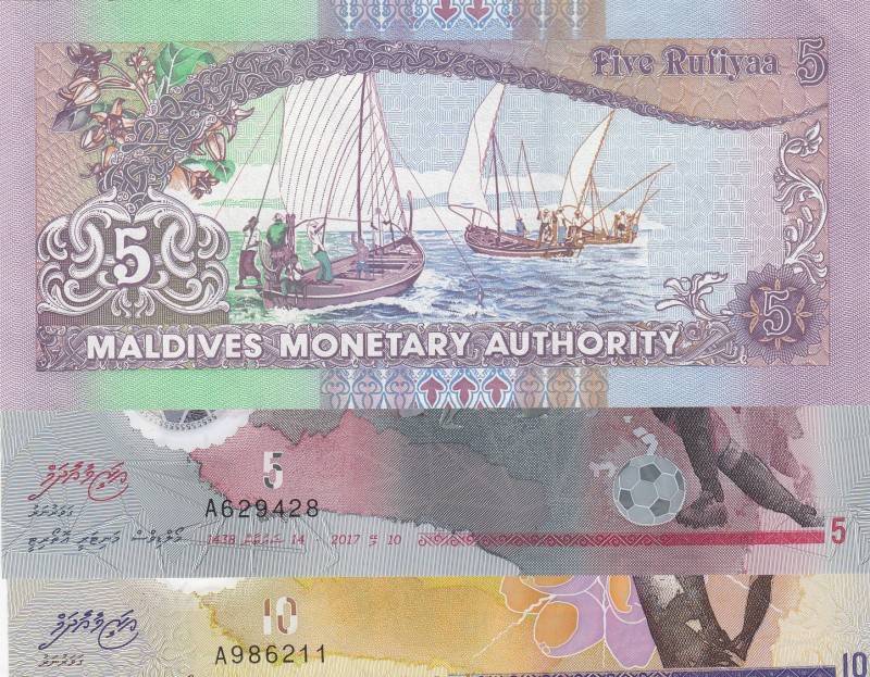 Maldives, Total 3 banknotes
5 Rufiyaa, 2017, UNC, pA26, polymer plastic; 10 Ruf...