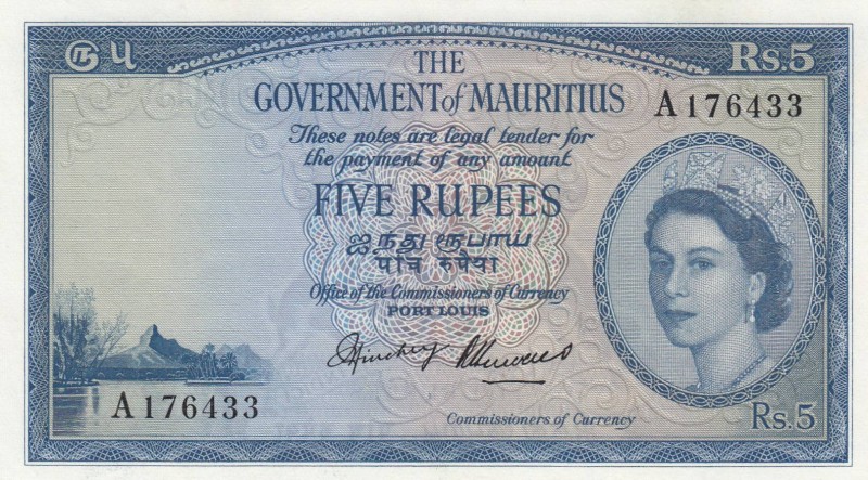 Mauritius, 5 Rupees, 1954, AUNC, p27
 Serial Number: A 176433
Estimate: 250-50...