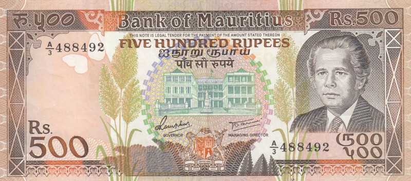 Mauritius, 500 Rupees, 1988, XF, p40a
 Serial Number: A/3 488492
Estimate: 150...