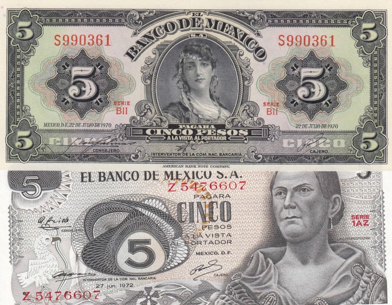 Mexico, 5 Pesos, 1970-1972, UNC, p60k, p62c
(total 2 banknotes), Serial Number:...