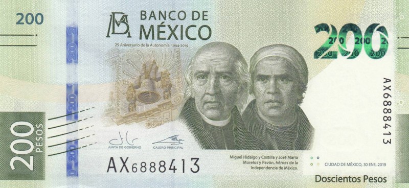 Mexico, 200 Pesos, 2019, UNC, pNew
 Serial Number: AX6888413
Estimate: 15-30 U...