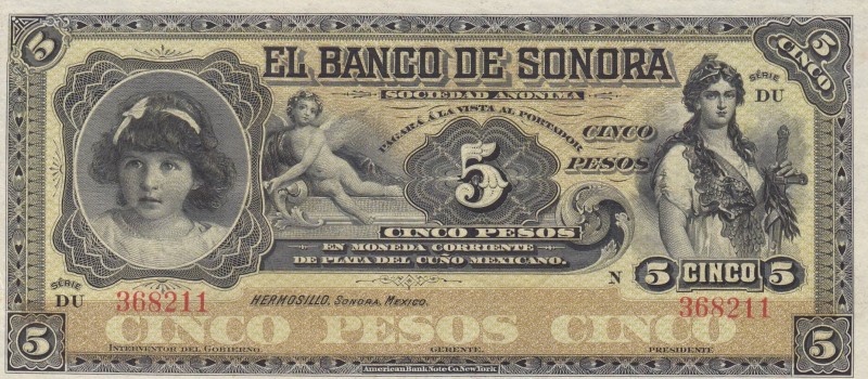 Mexico, 5 Pesos, 1911, UNC, pS419
El Banco De Sonora, Serial Number: 368211
Es...