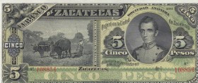 Mexico, 5 Pesos, 1891/1914, UNC, pS475r
El Banco De Zacatecas, Serial Number: 108854
Estimate: 75-150 USD