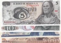 Mexico, Total 4 banknotes
5 Pesos, 1972, XF, p62c; 10 Pesos, 1977, XF, p63i; 50 Pesos, 1978/1981, UNC, p73; 1.000 Pesos, 1985, XF, p85
Estimate: 10-...