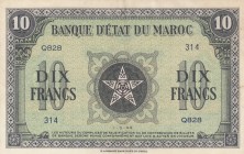 Morocco, 10 France, 1944, AUNC(-), p25a
 Serial Number: Q828 314
Estimate: 35-70 USD