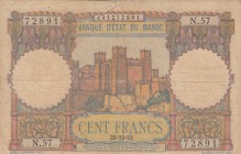 Morocco, 100 Francs, 1952, POOR, p45
 Serial Number: N.57.72891
Estimate: 15-30 USD