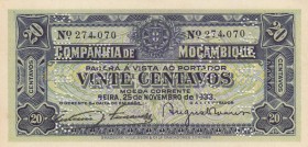 Mozambique, 20 Centavos, 1933, UNC, pR29, CANCELLED
 Serial Number: 274.070
Estimate: 10-20 USD