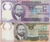 Mozambique, Total 2 banknotes
20 Meticas, 2017, UNC, p149b; 50 Meticas, 2011, UNC, p150a , Serial Number: AB65813840, BA61791235
Estimate: 10-20 USD