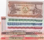 Mozambique, Total 6 banknotes
50 Meticais, 1986, UNC, p129b; 100 Meticais, 1989, UNC, p130c; 500 Meticais, 1983, UNC, p131a; 1.000 Meticais, 1989, UN...