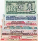 Mozambique, Total 6 banknotes
100 Meticais, 1980, UNC; 500 Meticais, 1983, UNC; 1.000 Meticais, 1991, UNC; 10.000 Meticais, 1991, UNC; 50.000 Meticai...