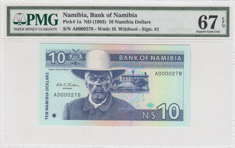 Namibia, 10 Namibia Dollars, 1993, UNC, p1a
PMG 67 EPQ, Serial Number: A0000278...