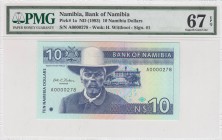 Namibia, 10 Namibia Dollars, 1993, UNC, p1a
PMG 67 EPQ, Serial Number: A0000278
Estimate: 30-60 USD