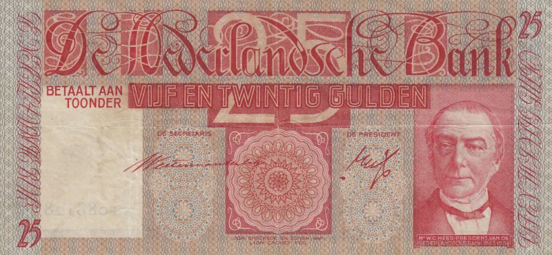 Netherlands, 25 Gulden, 1938, VF, p50
 Serial Number: 088128
Estimate: 20-40 U...