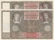 Netherlands, 100 Gulden, 1930/1944, UNC, p51, (Total 2 consecutive banknotes)
 Serial Number: JA 0822225-6
Estimate: 100-200 USD