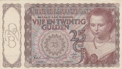 Netherlands, 25 Gulden, 1943, AUNC(-), p60
 Serial Number: 10AF 041426
Estimate: 120-240 USD