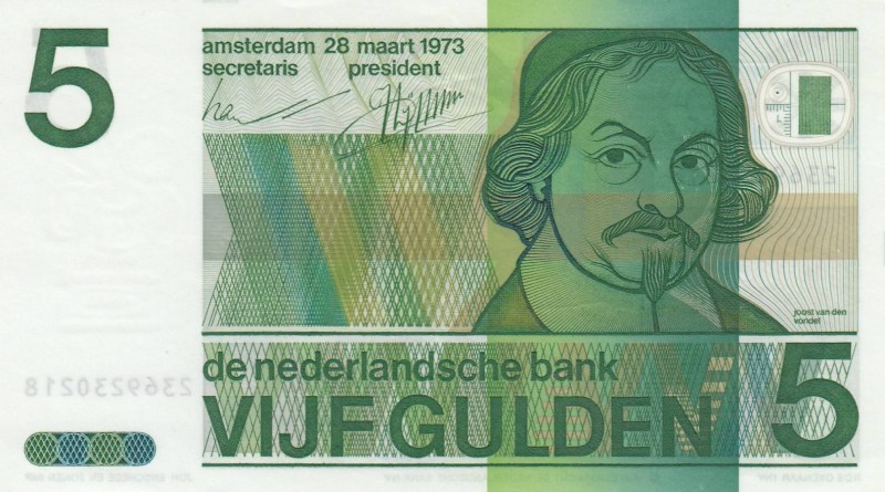 Netherlands, 5 Gulden, 1973, AUNC, p95
 Serial Number: 2369230218
Estimate: 10...