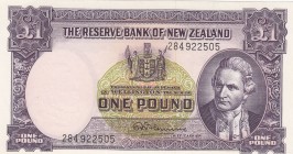 New Zealand, 1 Pound, 1960/1967, AUNC(-), p159d
 Serial Number: 284922505
Estimate: 75-150 USD