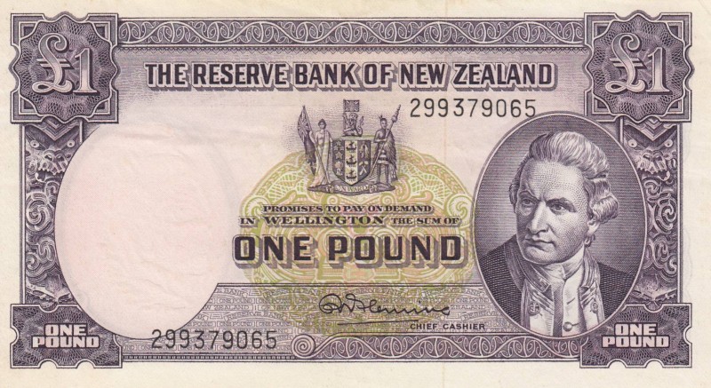 New Zealand, 1 Pound, 1960/1967, XF, p159d
 Serial Number: 299379065
Estimate:...