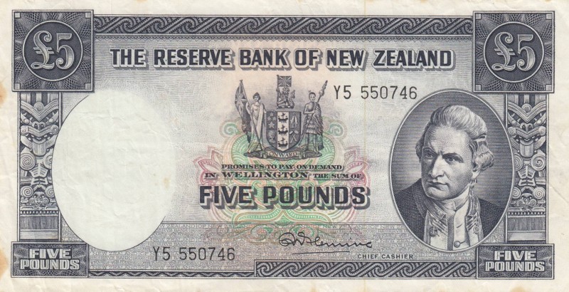 New Zealand, 5 Pounds, 1960-67, VF, p160d
There are small stains at the edges o...