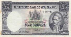 New Zealand, 5 Pounds, 1960-67, VF, p160d
There are small stains at the edges of it, Serial Number: Y5 550746
Estimate: 50-100 USD