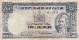 New Zealand, 5 Pounds, 1960/1967, FINE (+), p160d
 Serial Number: K5 120523
Estimate: 75-150 USD