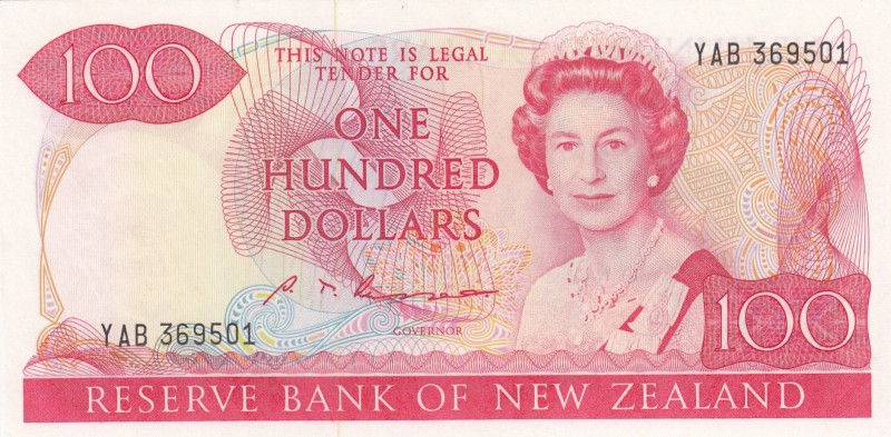 New Zealand, 100 Dollars, 1981, UNC (-), p175b
 Serial Number: YAB369501
Estim...