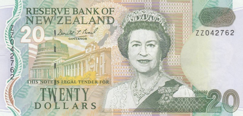 New Zealand, 20 Dollars, 1992, XF, p179aR
 Serial Number: ZZ042762
Estimate: 5...